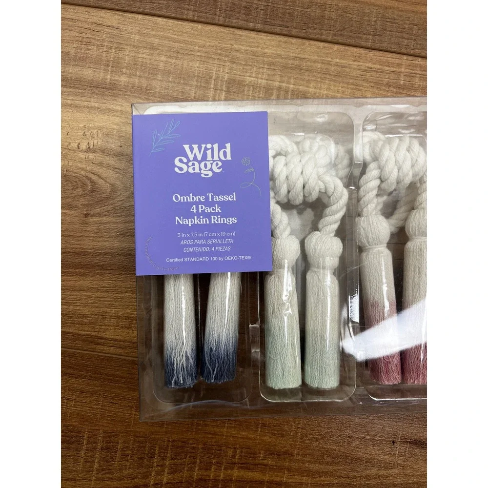 NEW WILD SAGE OMBRE TASSEL 4 PACK NAPKIN‎ RINGS